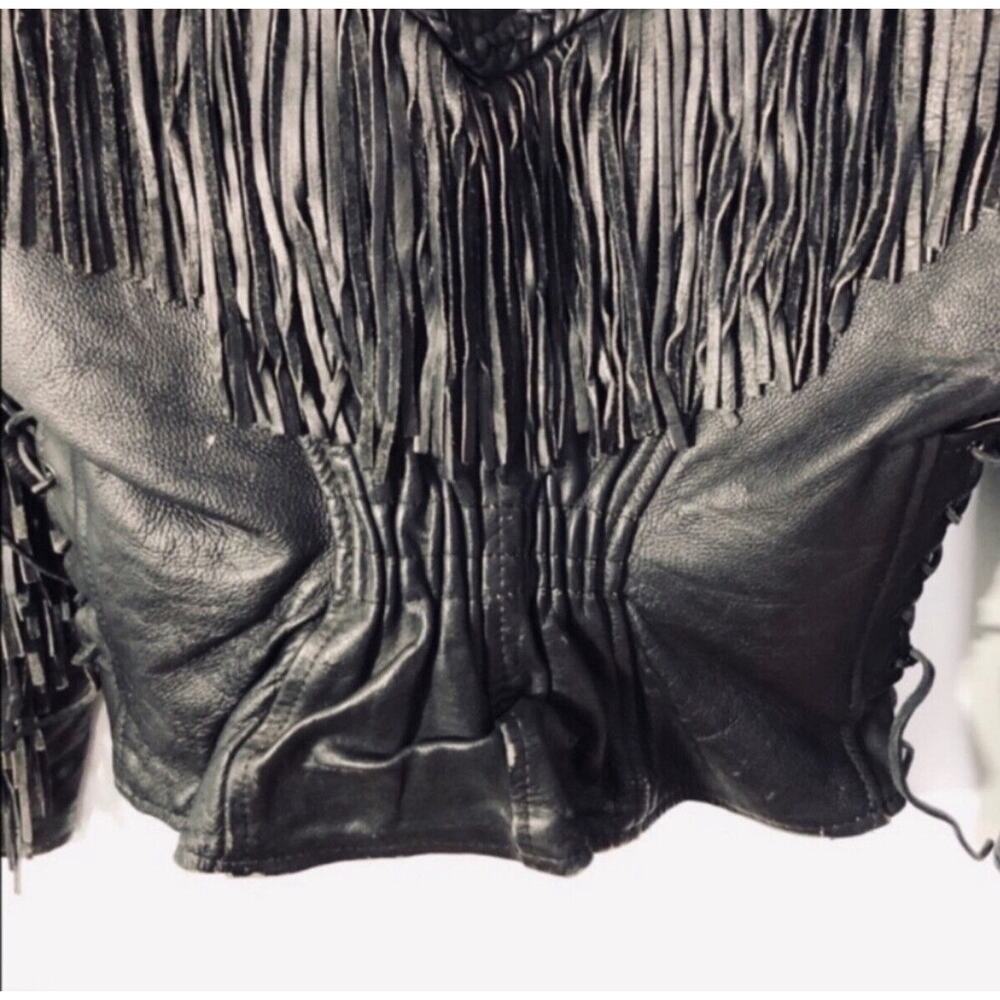 Vintage Black Leather Fringe Motorcycle Jacket with Embroidery Large - Picture 10 of 12